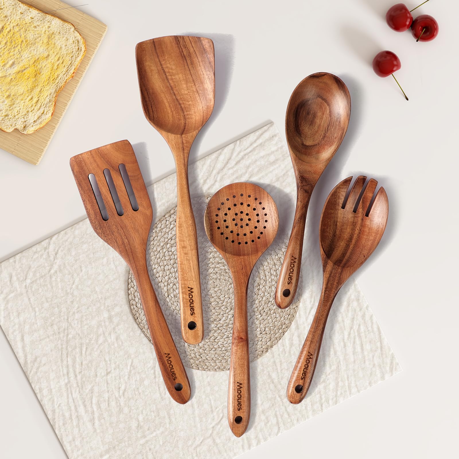 Mooues 5 piece wooden utensil set covers essential cooking tasks with ease