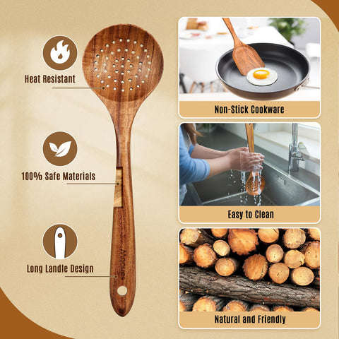 Mooues wooden utensils hanging display with handle holes for easy storage.