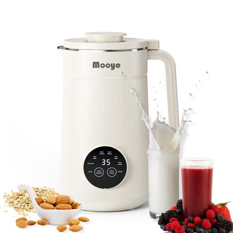 Mooye 8-in-1 nut milk maker front view shows 35oz capacity for fresh plant drinks