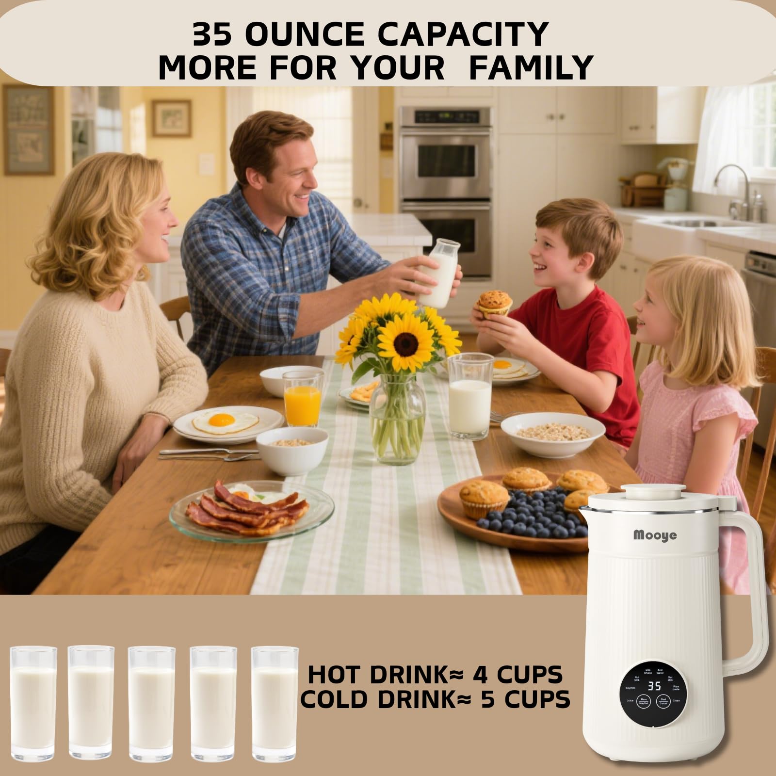 Mooye control panel displays 12-hour timer and auto-clean for convenience