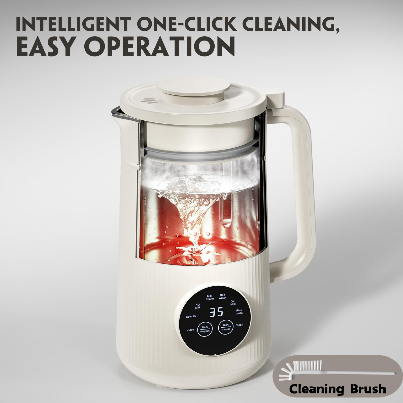 Pouring hot plant-based milk from Mooye into a glass with aroma