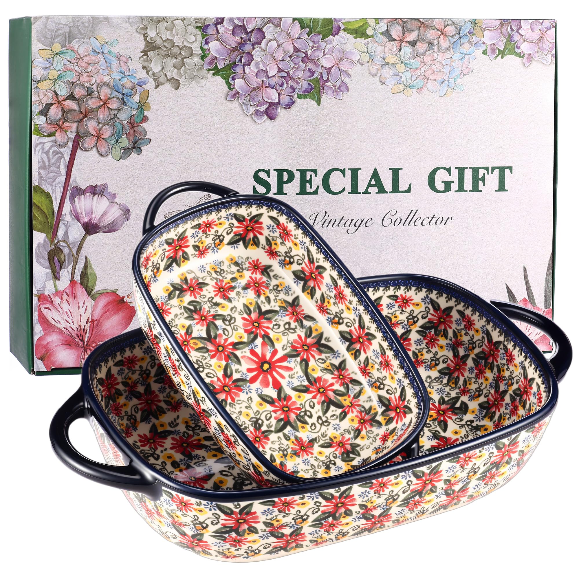 Moqidadii casserole large dish with floral Polish pottery pattern, ideal for family lasagna