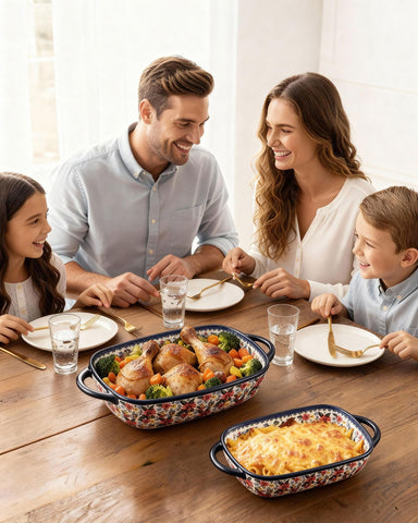 Close-up of Moqidadii polish pottery pattern on bakeware for decorative appeal