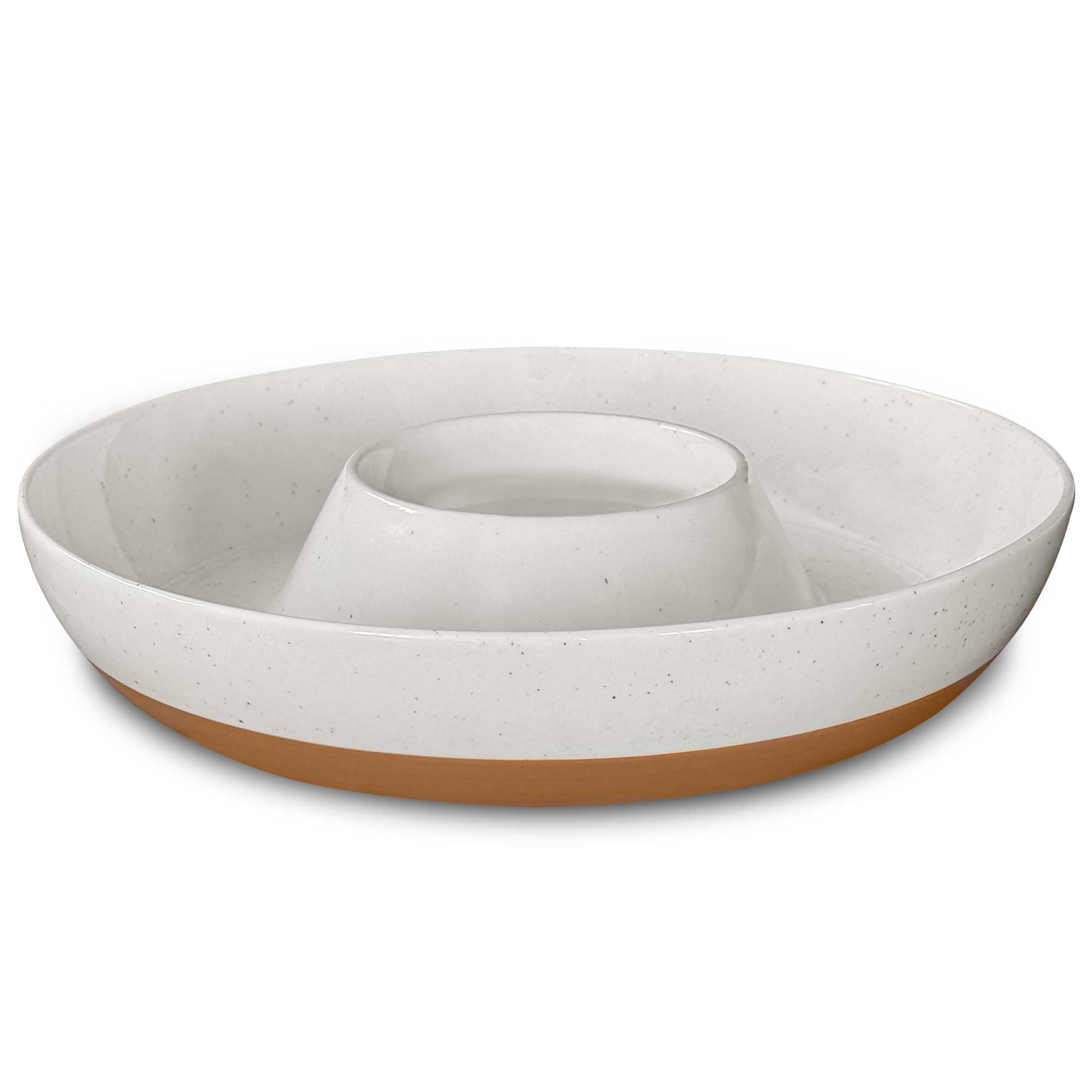MORA ceramic chips and dip tray in white with divided design for organized snack presentation.