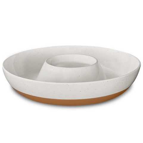 MORA ceramic chips and dip tray in white with divided design for organized snack presentation.