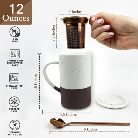 MORA Ceramics tea cup and spoon emphasizing clean titanium-coated infuser for durability