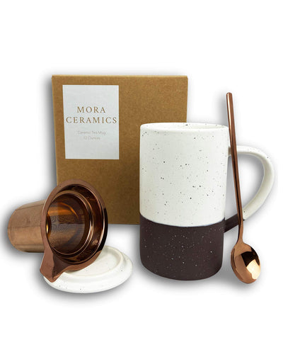 MORA Ceramics tea cup with infuser highlighting easy, mess-free loose leaf brewing