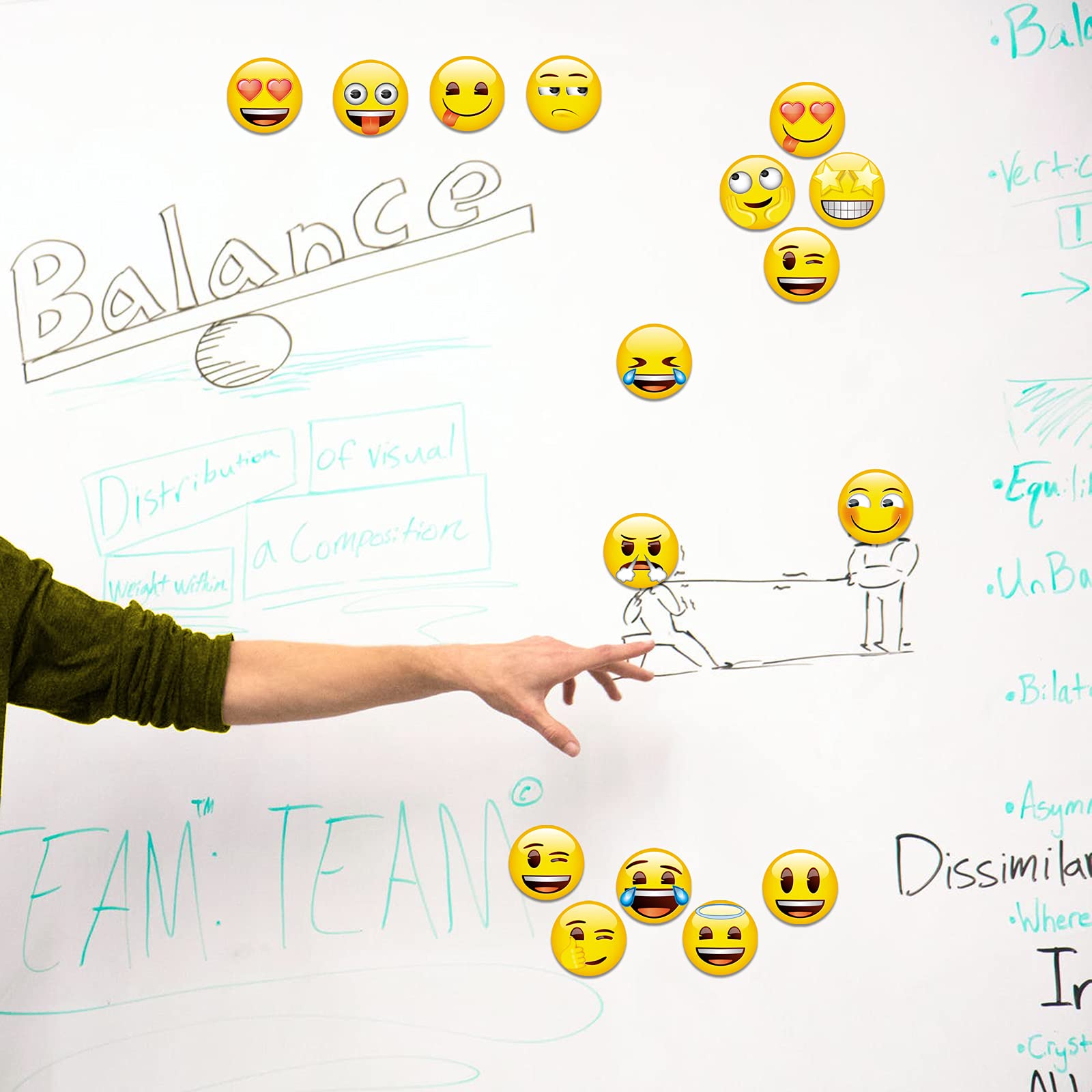 MORCART emoji magnets on whiteboard for fun notes.
