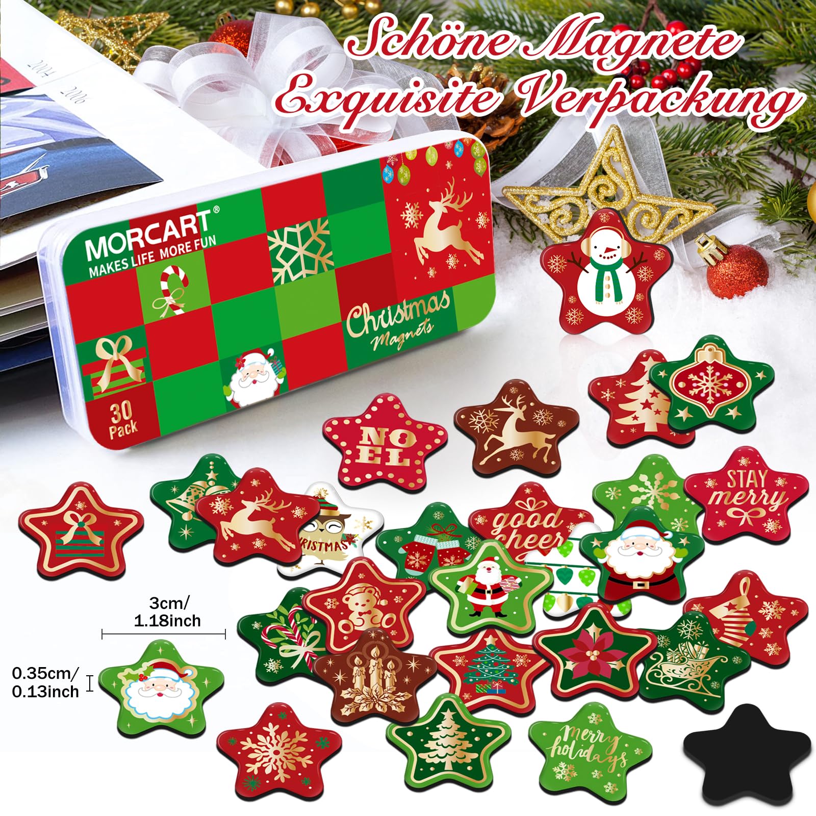 MorcART Merry Xmas magnets on refrigerator provide seasonal decor and quick memo display.