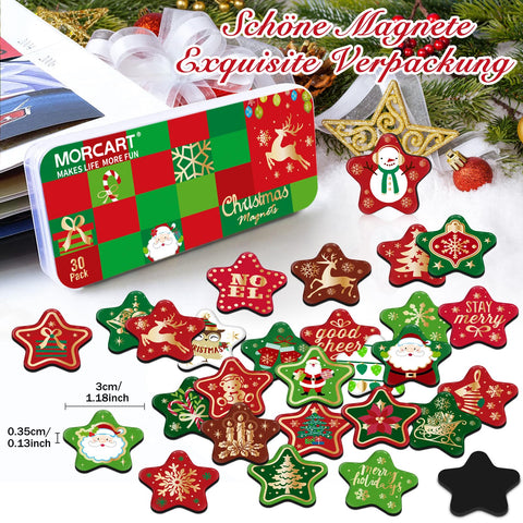MorcART Merry Xmas magnets on refrigerator provide seasonal decor and quick memo display.