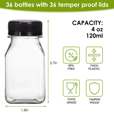 Moretoes clear 4oz juice bottles: reusable, safe containers for daily beverages.
