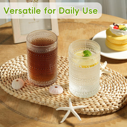 Moretoes dishwasher-safe hobnail glasses simplify everyday cleanup.