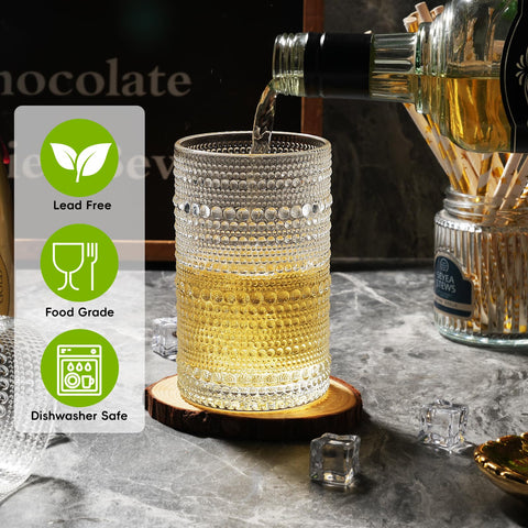 Moretoes embossed hobnail glass delivers comfortable grip during gatherings.