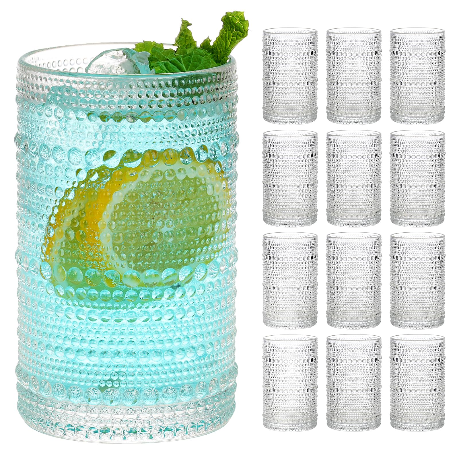 Moretoes hobnail glasses set 12 oz highball with embossed texture for secure grip.