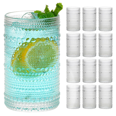 Moretoes hobnail glasses set 12 oz highball with embossed texture for secure grip.