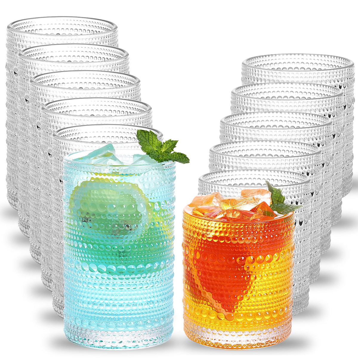Moretoes hobnail highball 12oz glass with embossed texture for a secure grip.