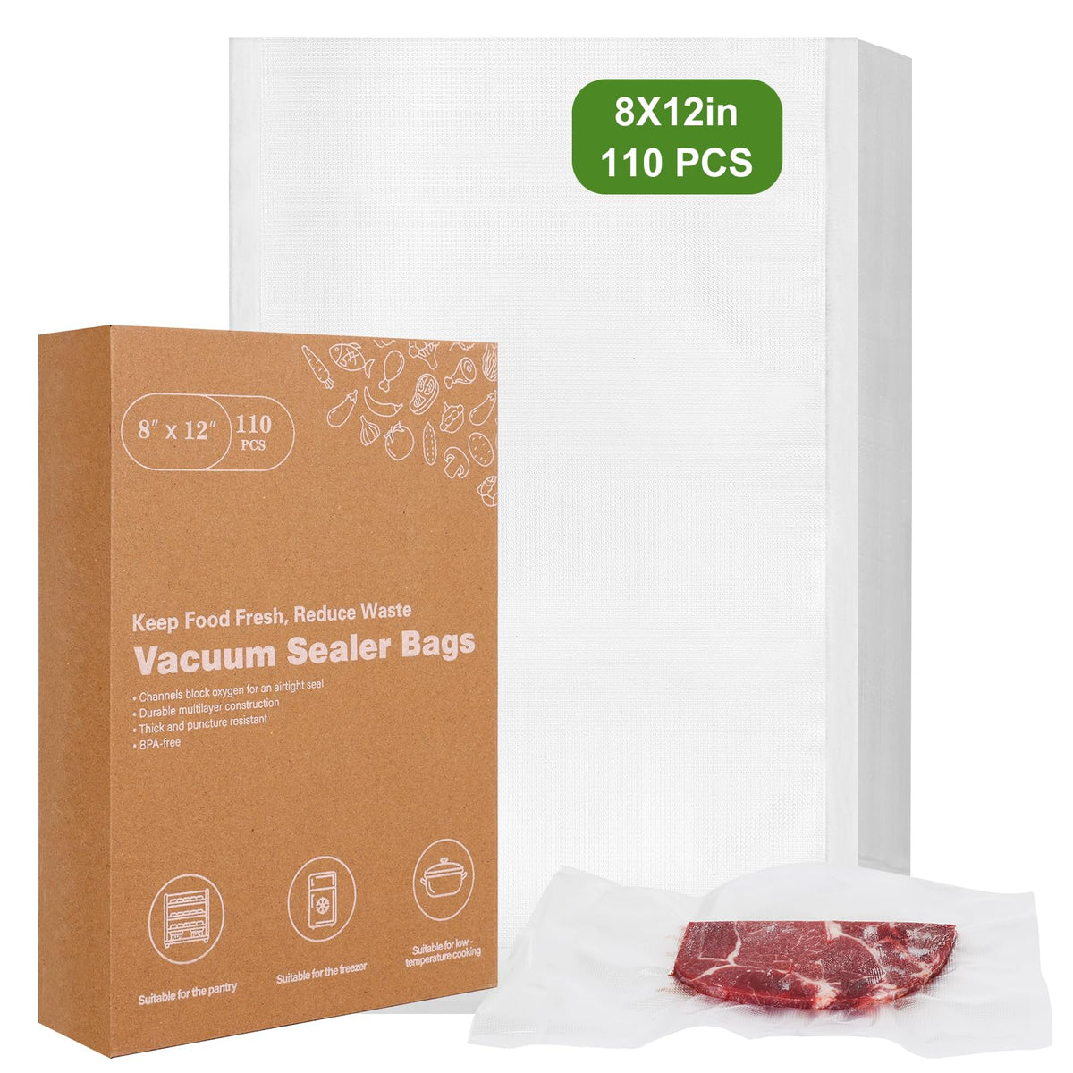 Moretoes vacuum bags 8x12 pre-cut, easy storage and airtight sealing.