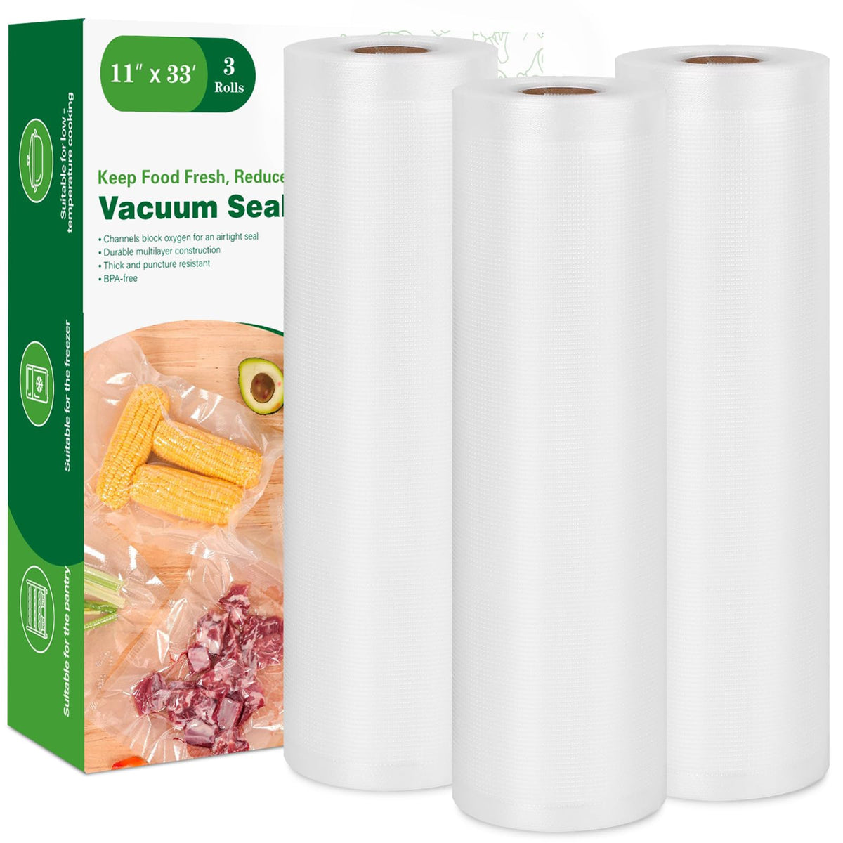 Moretoes vacuum sealer bags 3-rolls 11x33ft for customizable sizing and reduced waste.