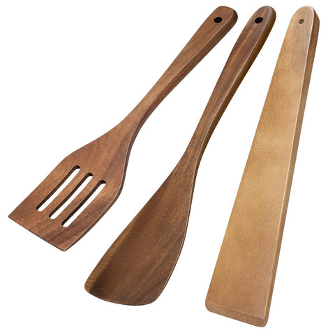 MORGLES acacia wood spatula with 12-inch handle for precise flipping and non-stick protection.