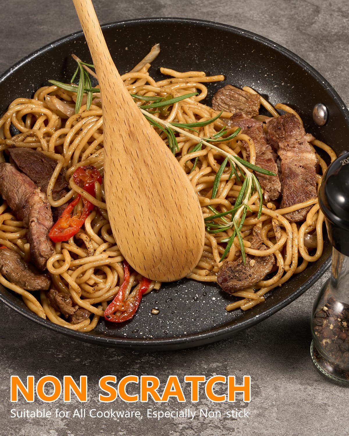MORGLES wooden spoon with smooth finish shows splinter-free, safe food preparation.