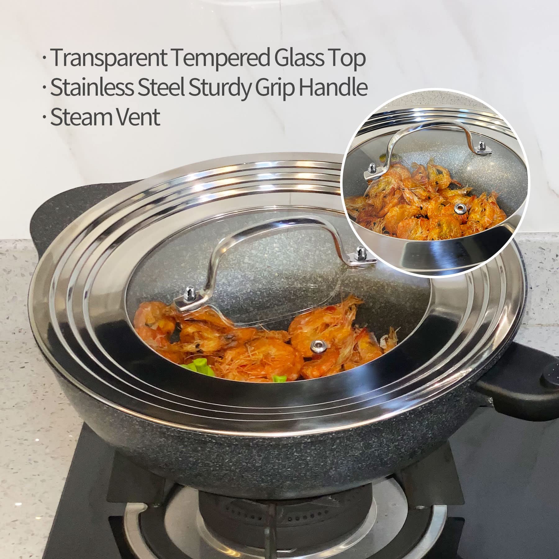 Morikavo lid withstands up to 425 F, suitable for various cooking tasks.