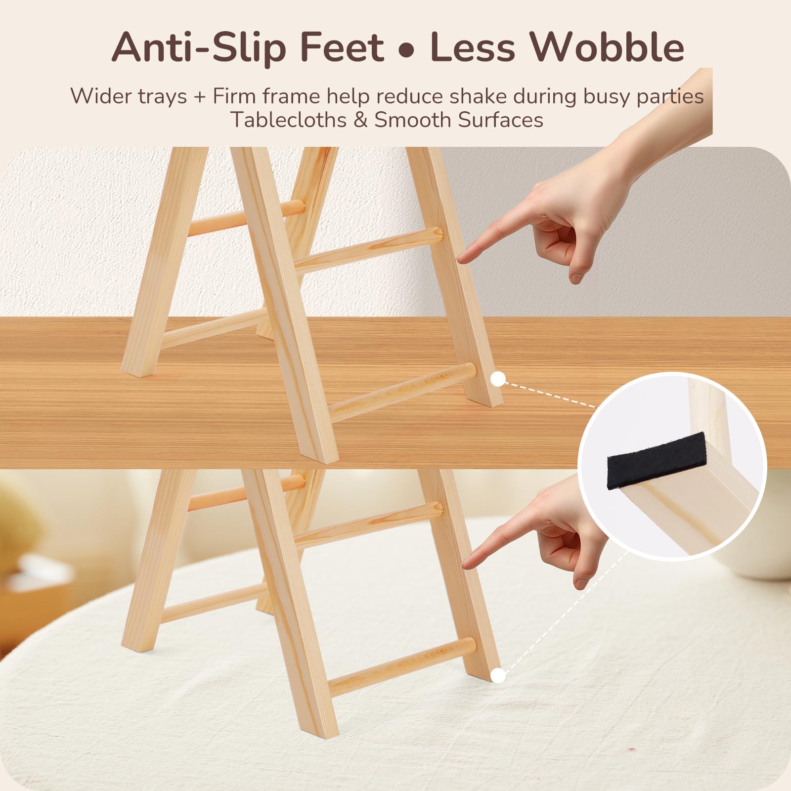 Moriteck stand close-up showing clear lacquer and wood grain