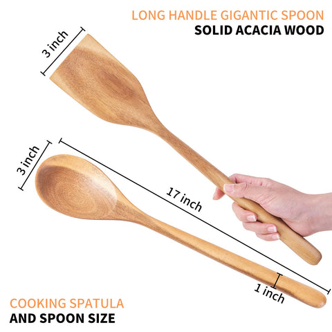 MornHalo acacia wood spoon with long handle for reach and control.