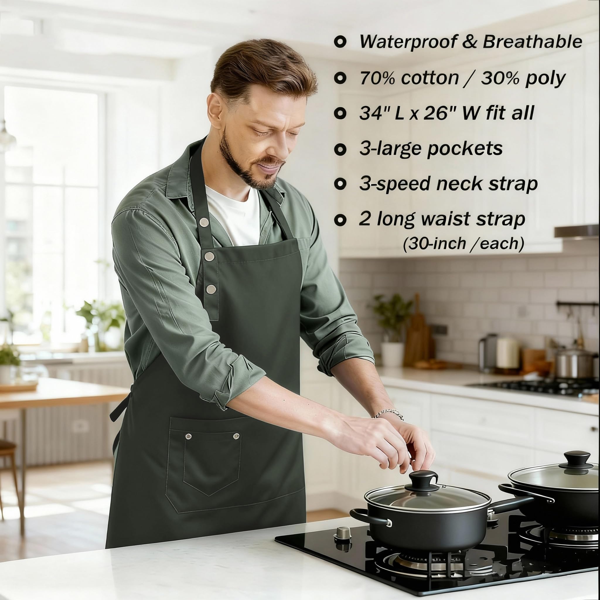 MORNITE sage green apron with adjustable straps for a comfortable fit.