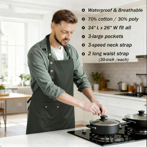 MORNITE sage green apron with adjustable straps for a comfortable fit.