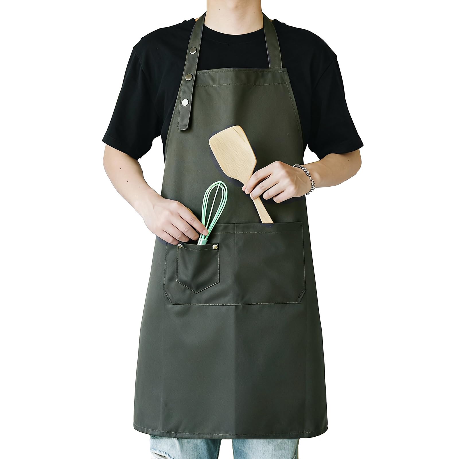 MORNITE apron in sage green with pockets keeps brushes organized for art and cooking.