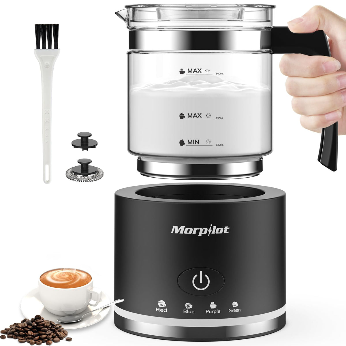 Morpilot electric milk frother with glass cup showing measurements for precise portions.