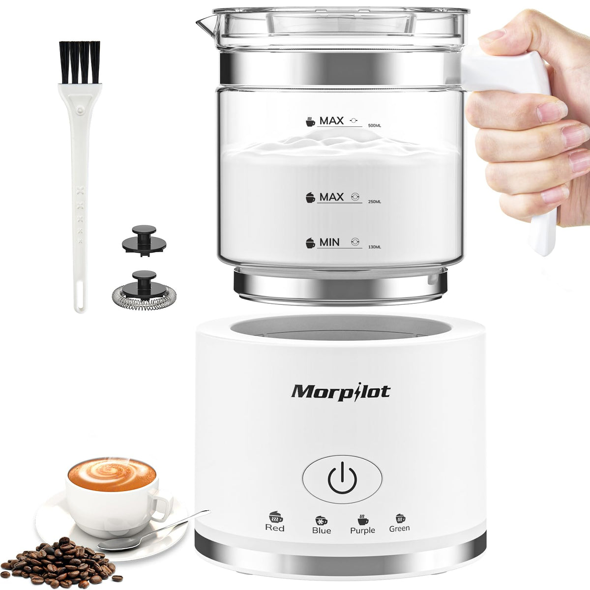 Morpilot milk frother glass cup with measurement lines for precise foaming