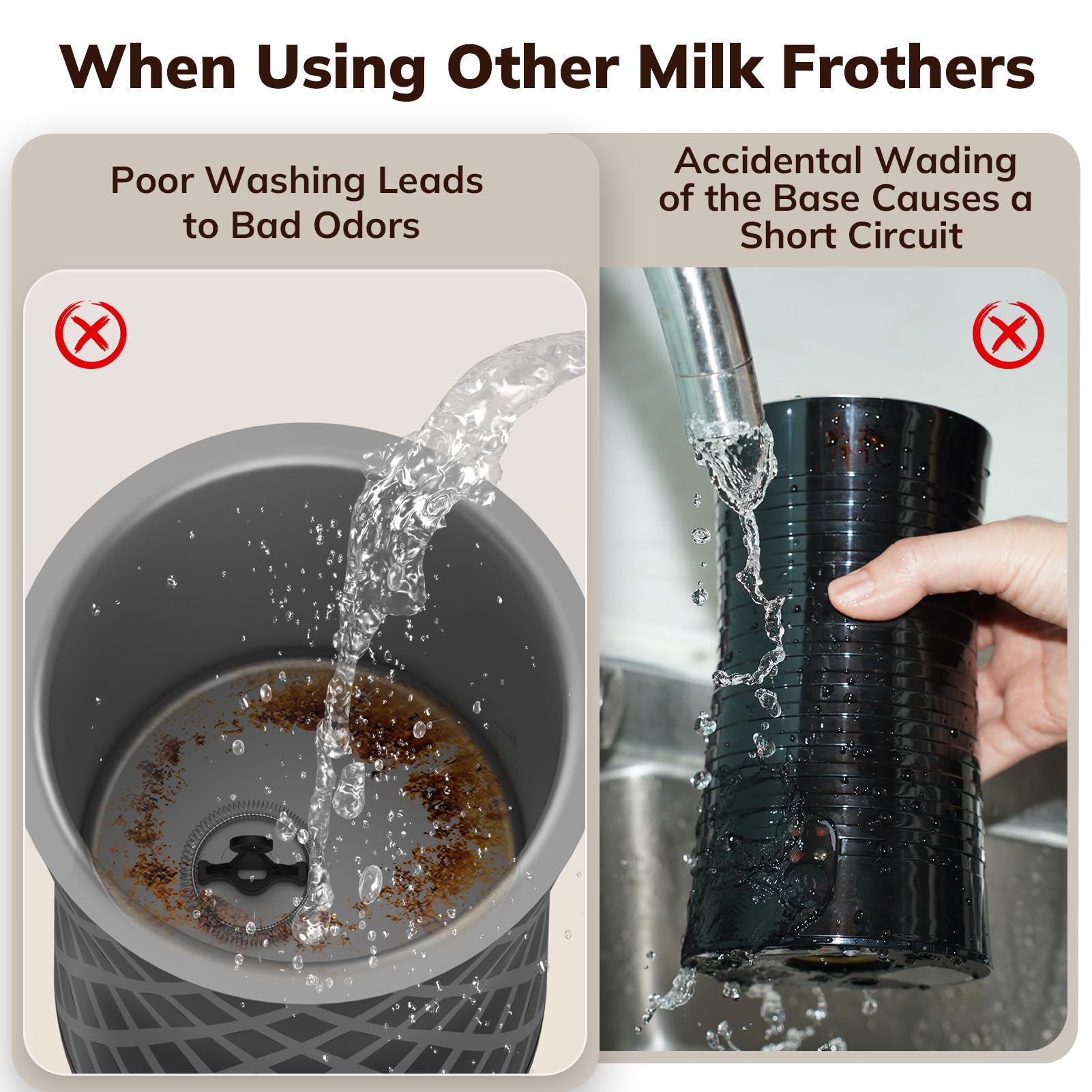 Morpilot frother shows heat-resistant handle and clear pour spout for safe pouring.