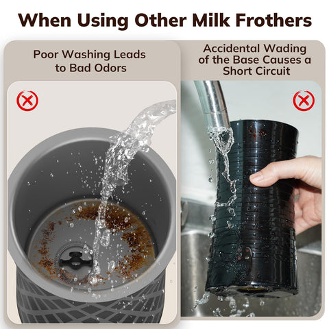 Morpilot frother shows heat-resistant handle and clear pour spout for safe pouring.