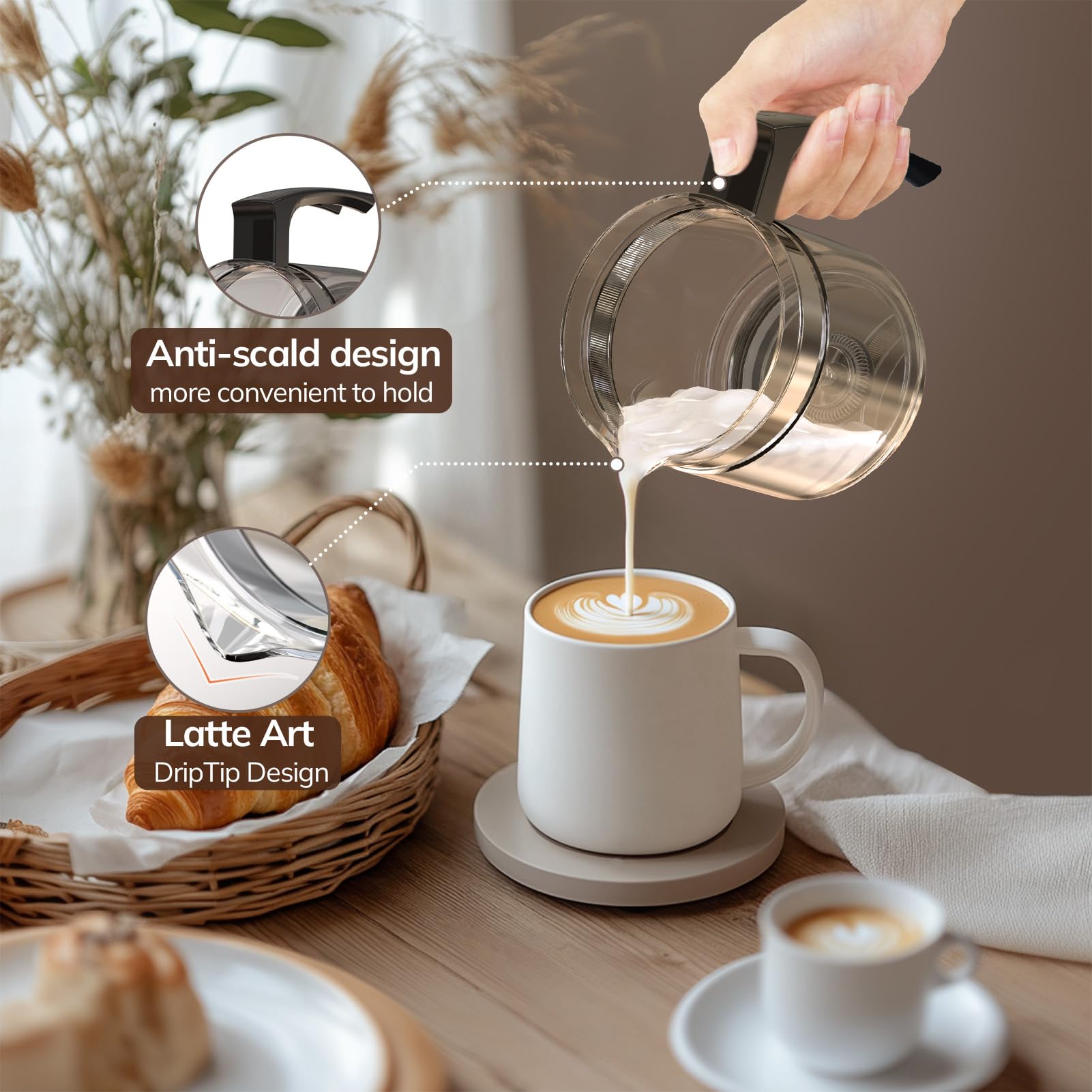 Morpilot frother includes measurement markings to help portion milk accurately.
