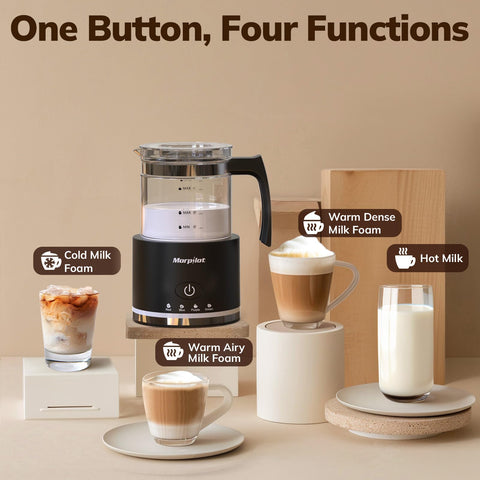Morpilot milk frother precision spout enables mess-free pouring into cups.