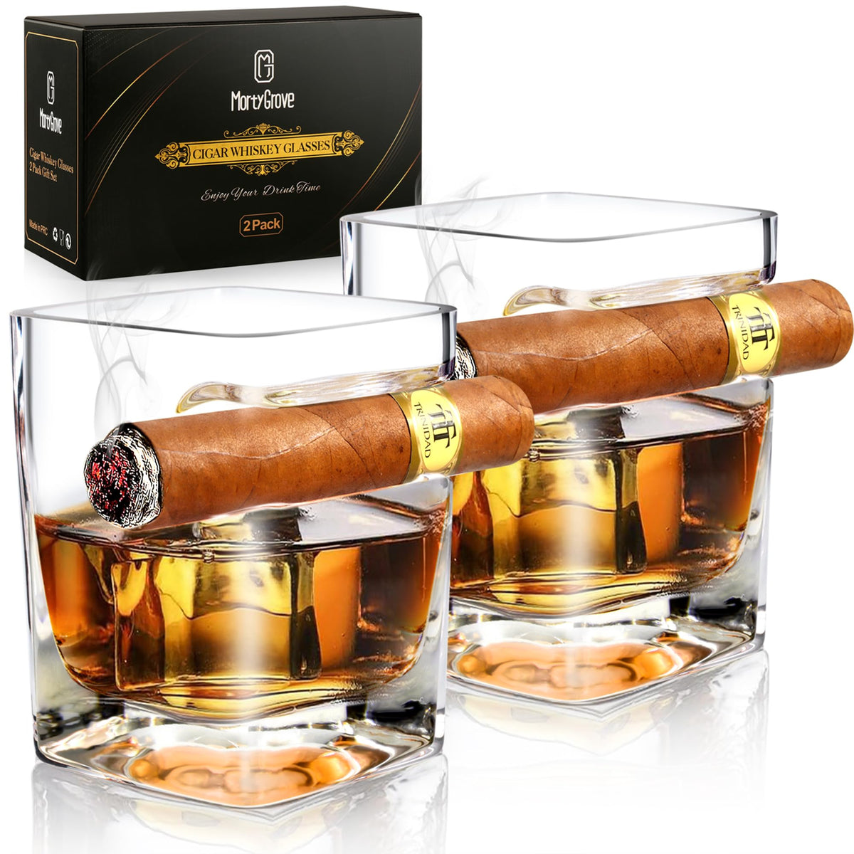 MortyGrove cigar whiskey glass with integrated tray for easy cigar placement
