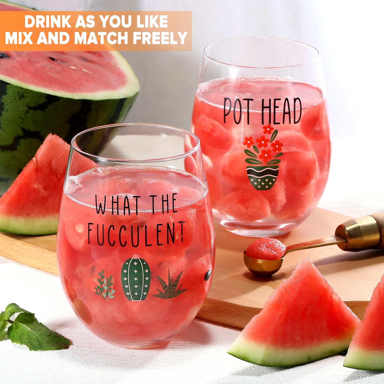MortyGrove greenery-themed wine glass emphasizes playful design ideal for hostess gifts.