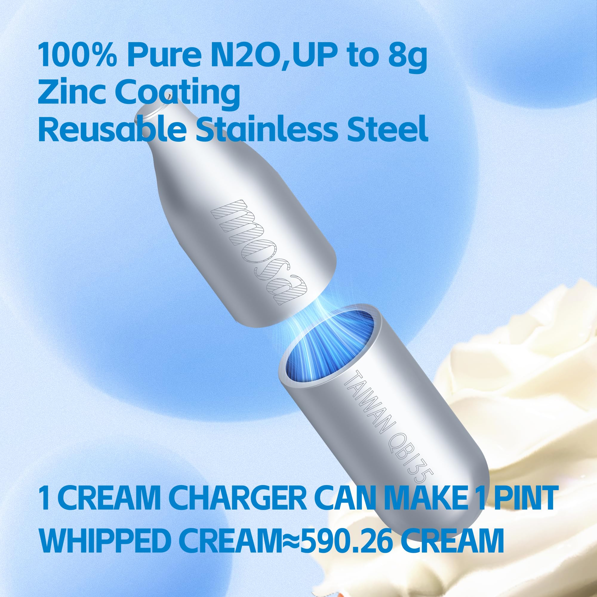 Mosa 8g cartridge fits standard cream dispensers for smooth aeration