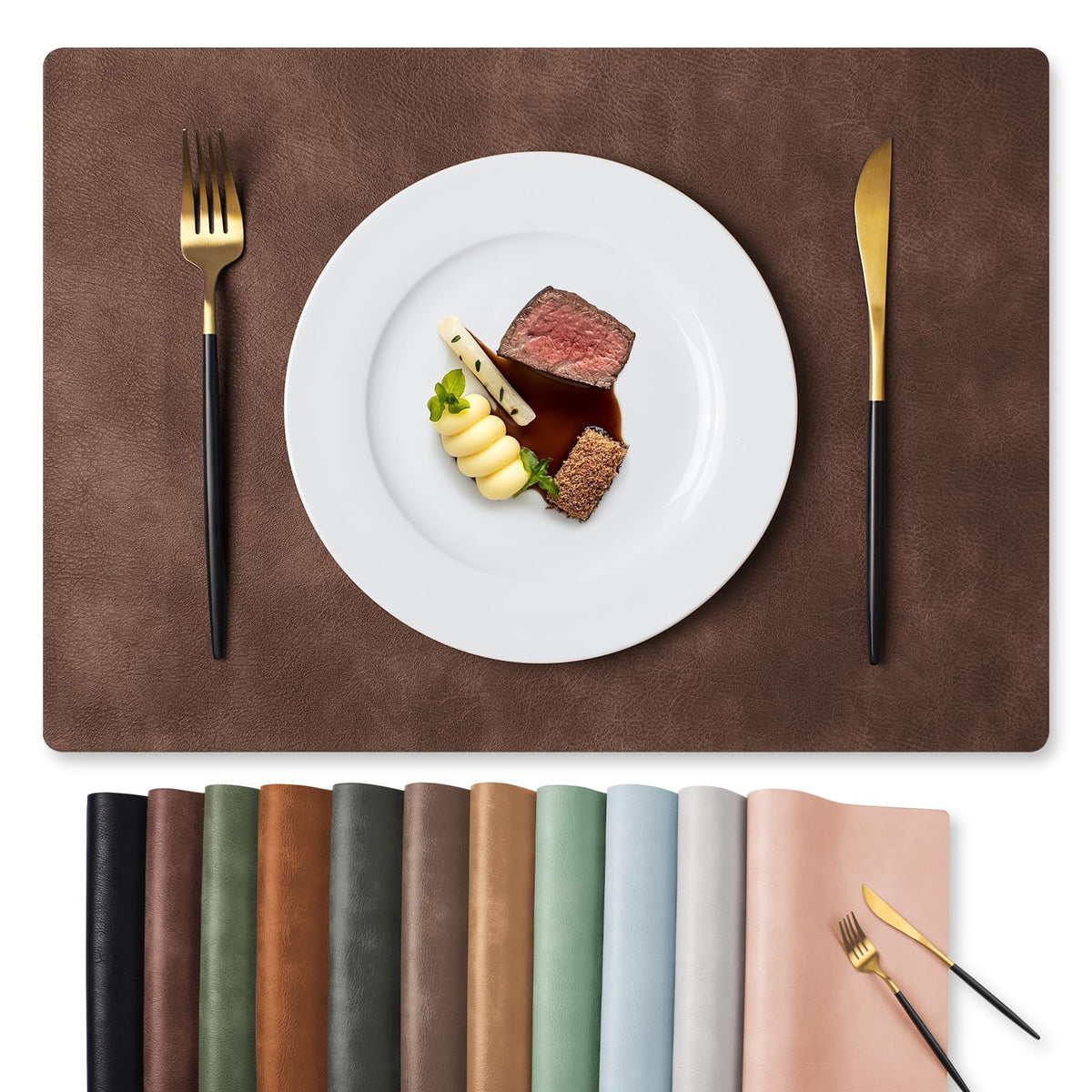 MOSAYT placemats show coffee-tone texture protecting surfaces during meals.