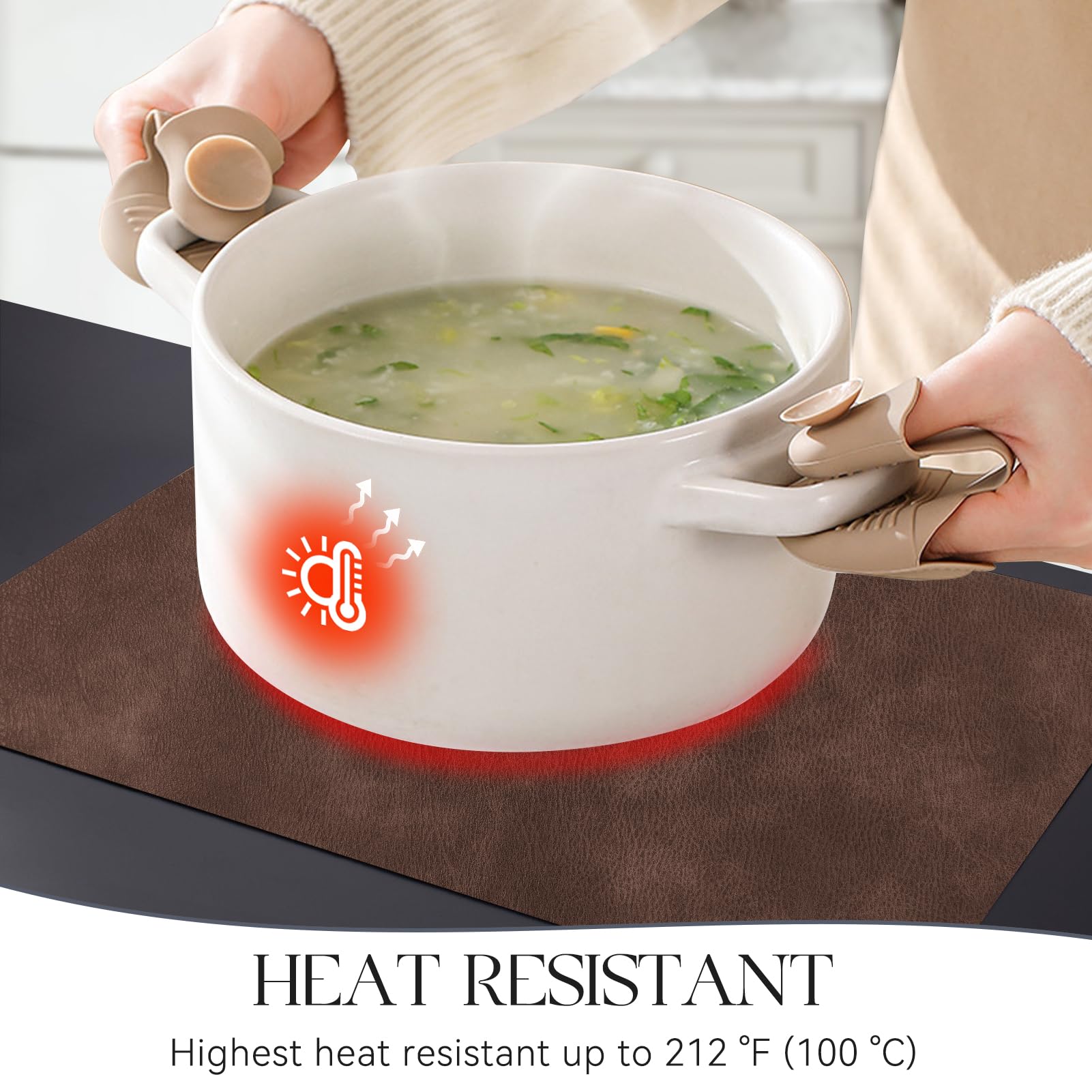 MOSAYT placemats demonstrate heat resistance up to 212°F protecting tabletops.