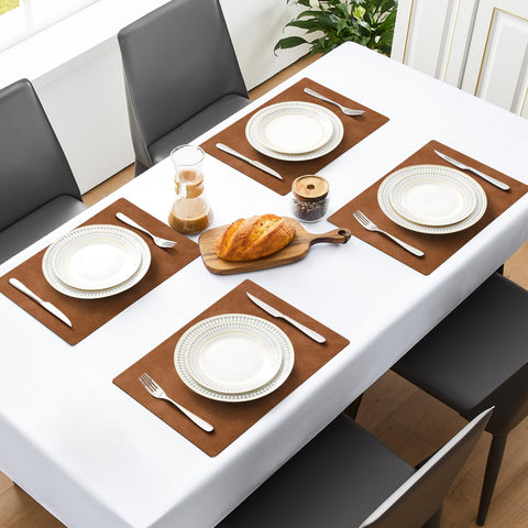 MOSAYT placemat highlights contrast stitching on faux leather for stylish dining decor.