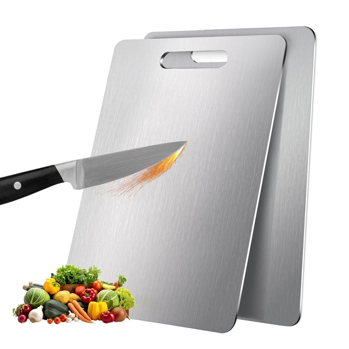 MOSDOOK 2-pack titanium cutting boards on a kitchen counter, durable and hygienic prep surfaces.
