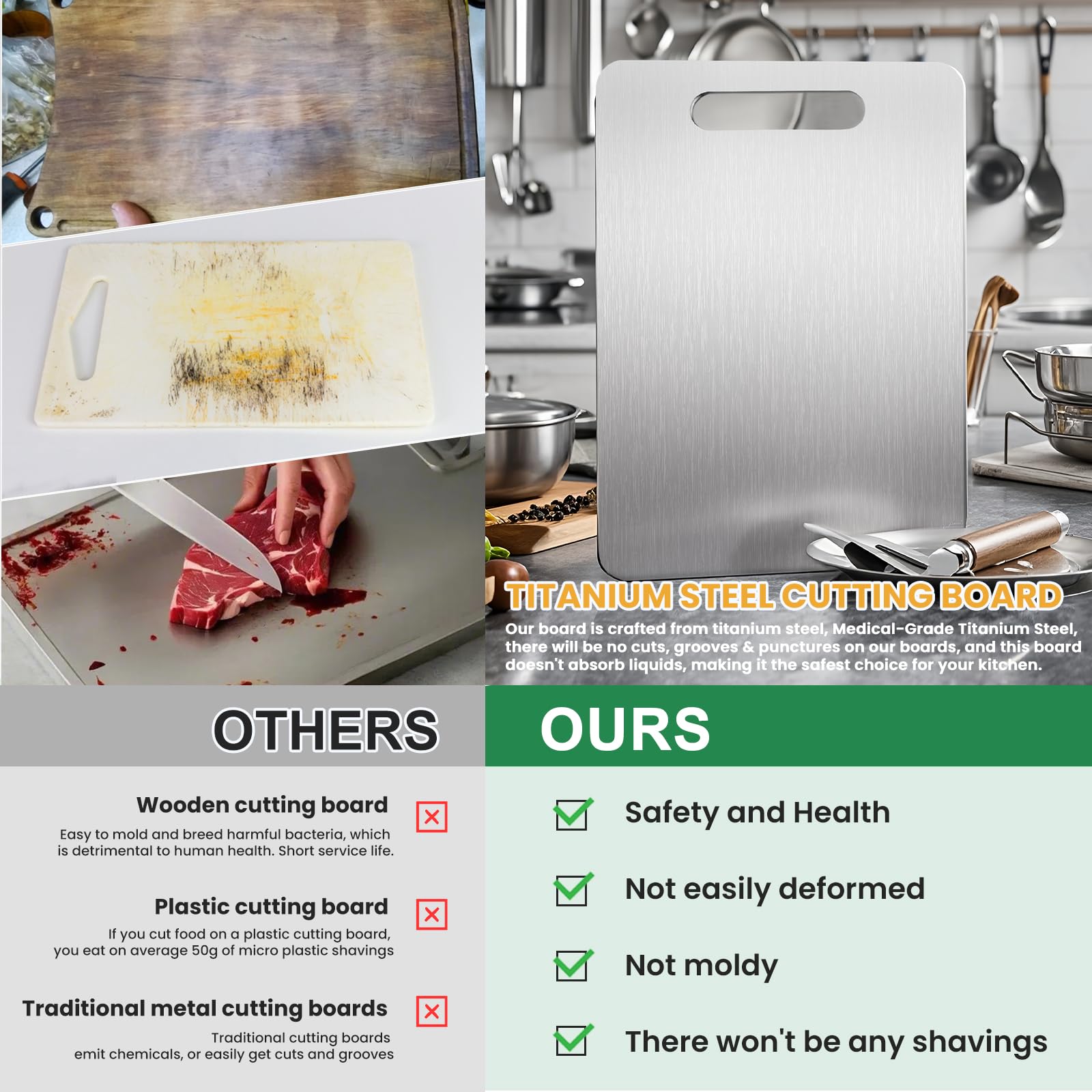 MOSDOOK double-sided titanium cutting board in use, separate sides for meat and vegetables.