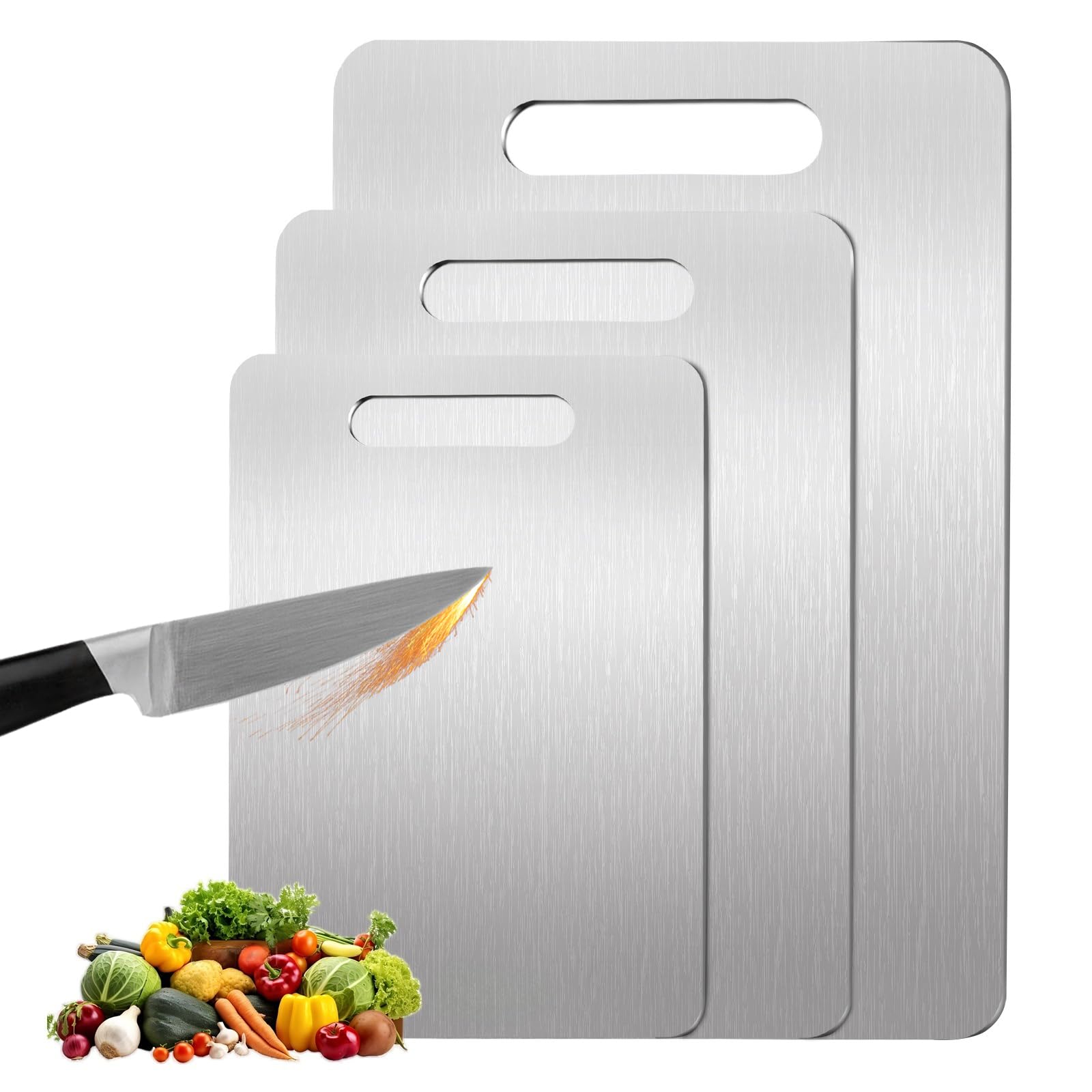 MOSDOOK titanium cutting board front view showing dual surface for fruits and vegetables.
