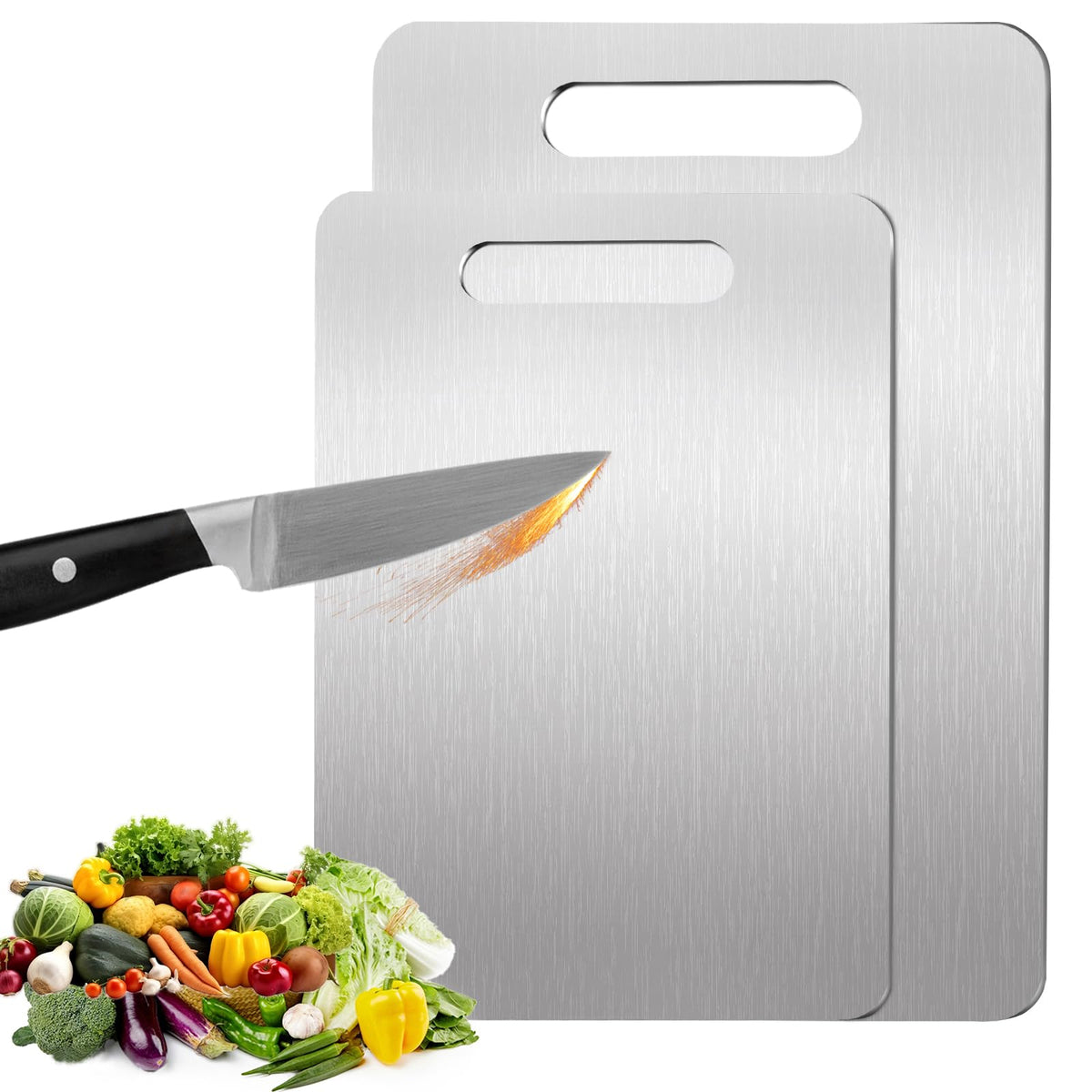 MOSDOOK titanium cutting board front view shows double-sided design for meats and produce