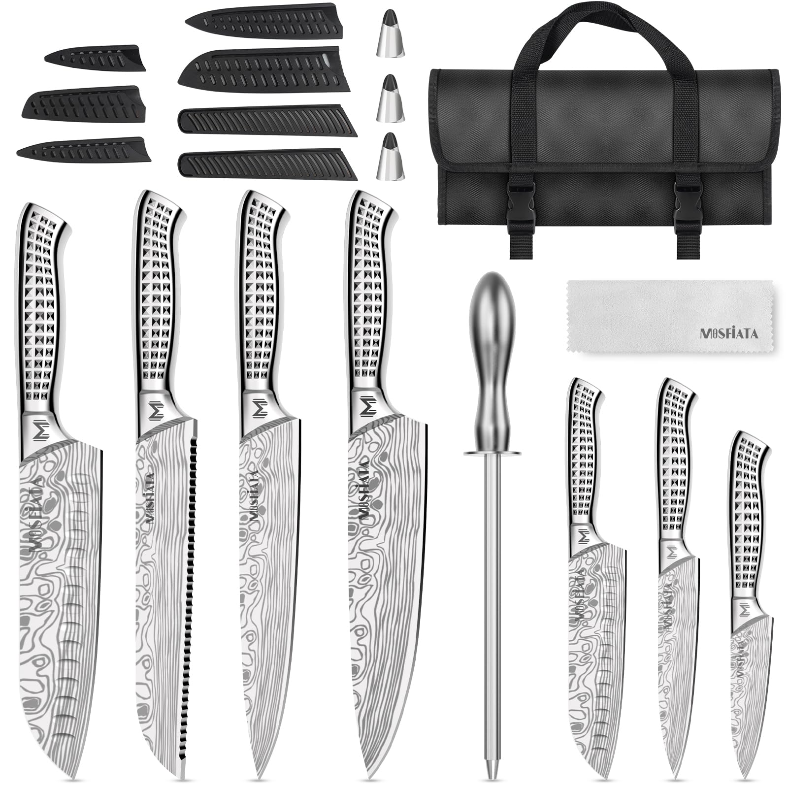 MOSFiATA 12-piece knife set overview with bag and accessories for organized prep
