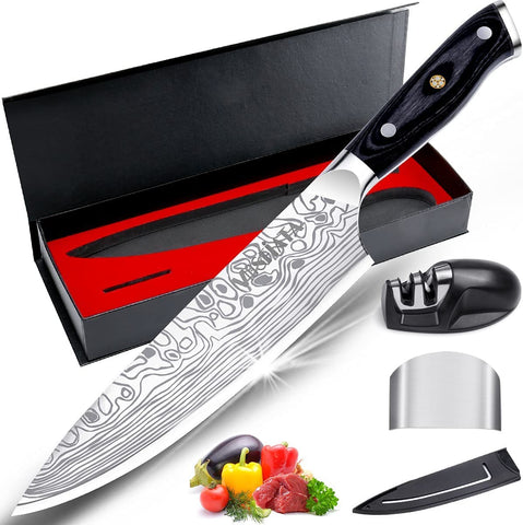 MOSFiATA 8-inch chef knife blade close-up with laser-engraved pattern for smooth slicing.