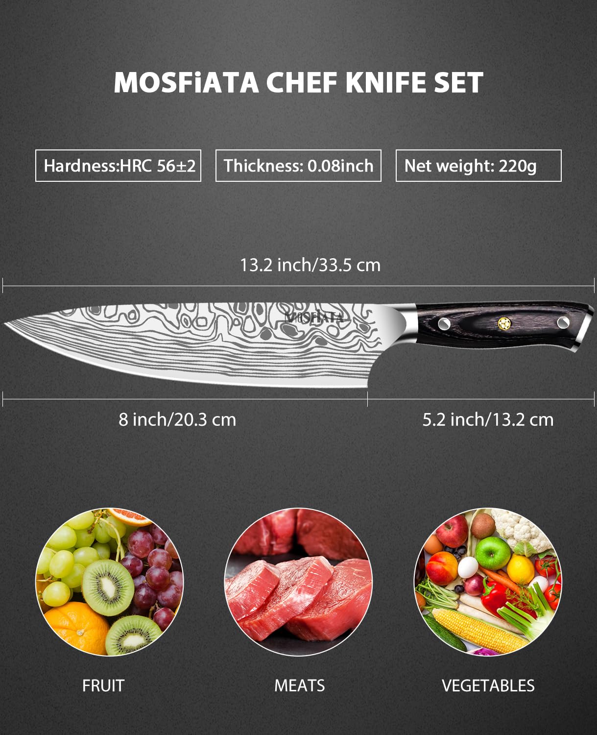 Gift-ready MOSFiATA knife in elegant packaging with finger guard and sharpener.