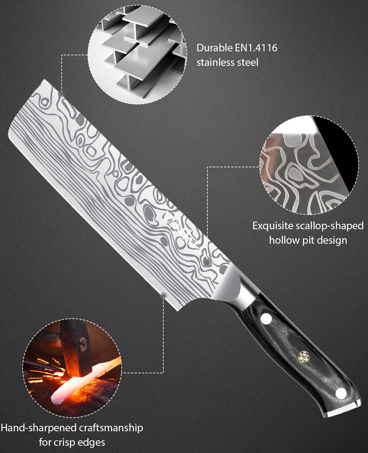 MOSFiATA Nakiri knife edge shown for sharp, clean cuts